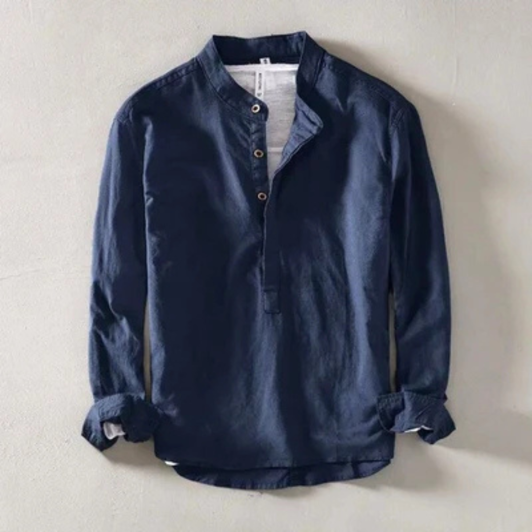 Chemise homme à col bandé, poignet simple et coupe décontractée à manches longues