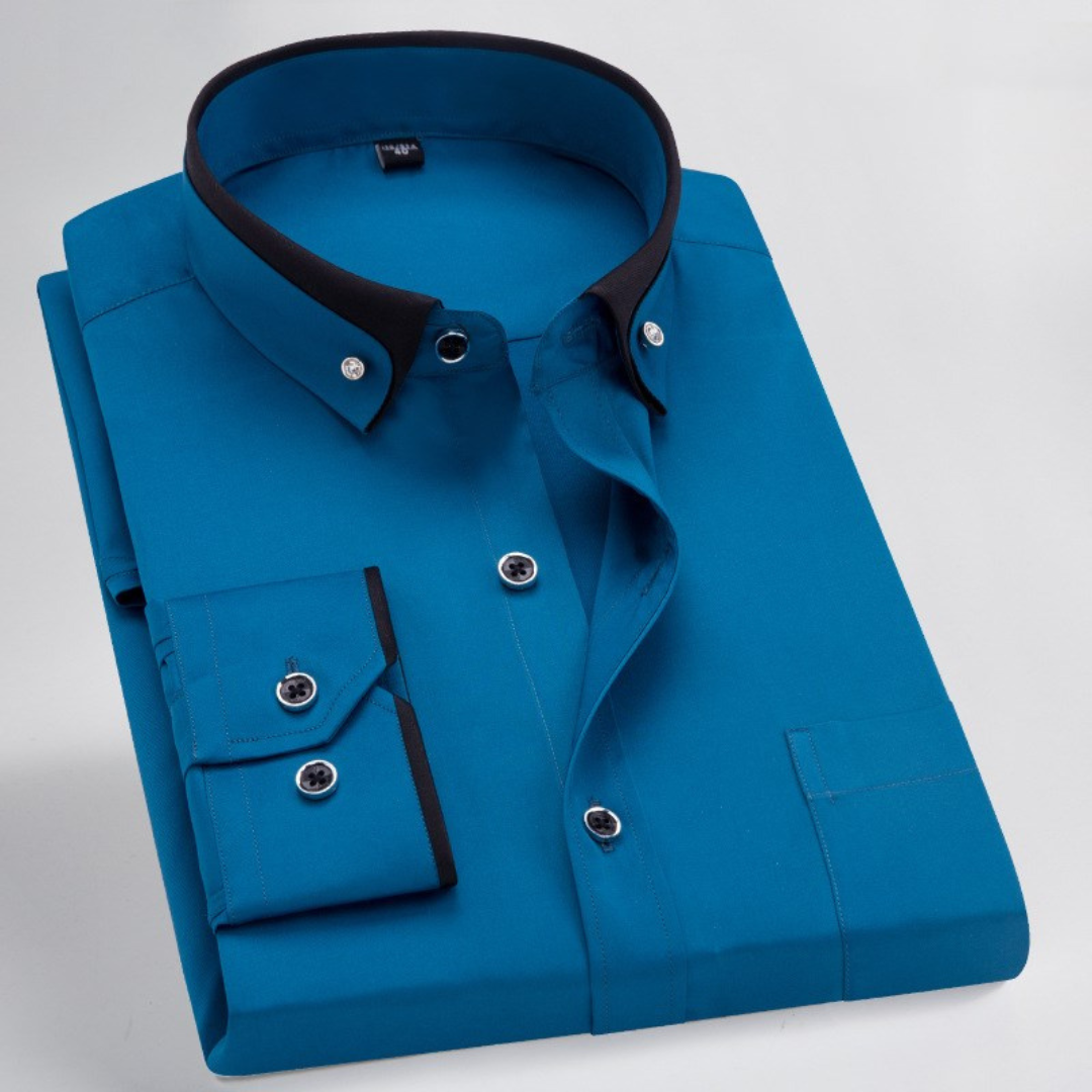Chemise homme à col boutonnière et revers contrastés - manches longues, coupe régulière