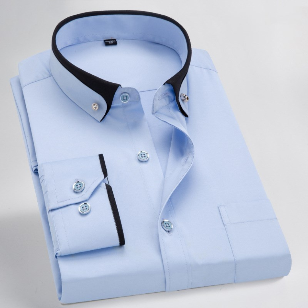 Chemise homme à col boutonnière et revers contrastés - manches longues, coupe régulière