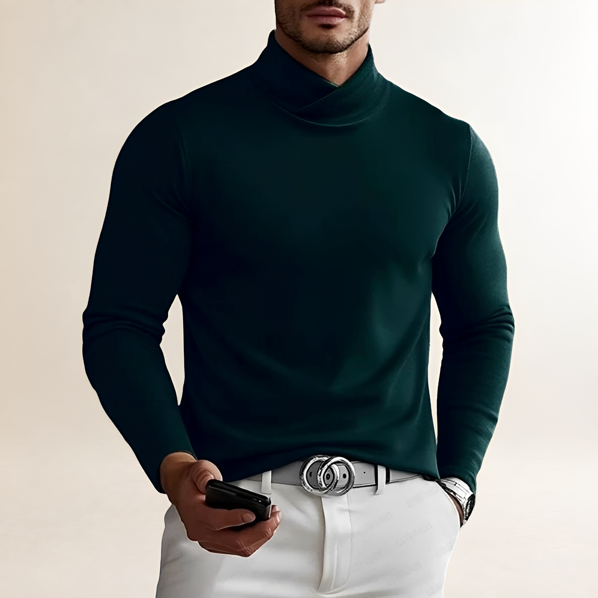 Chemise homme à col roulé à manches longues et coupe ajustée