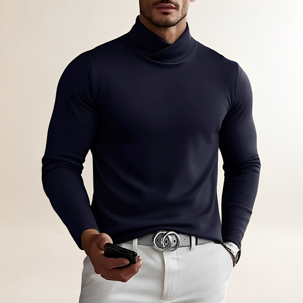 Chemise homme à col roulé à manches longues et coupe ajustée