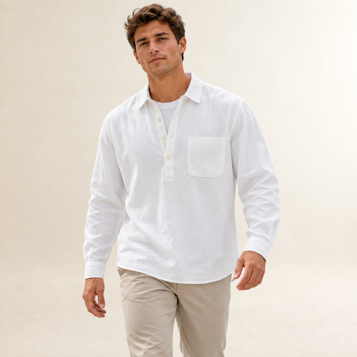 Chemise homme à enfiler manches longues plastron bouton poche poitrine