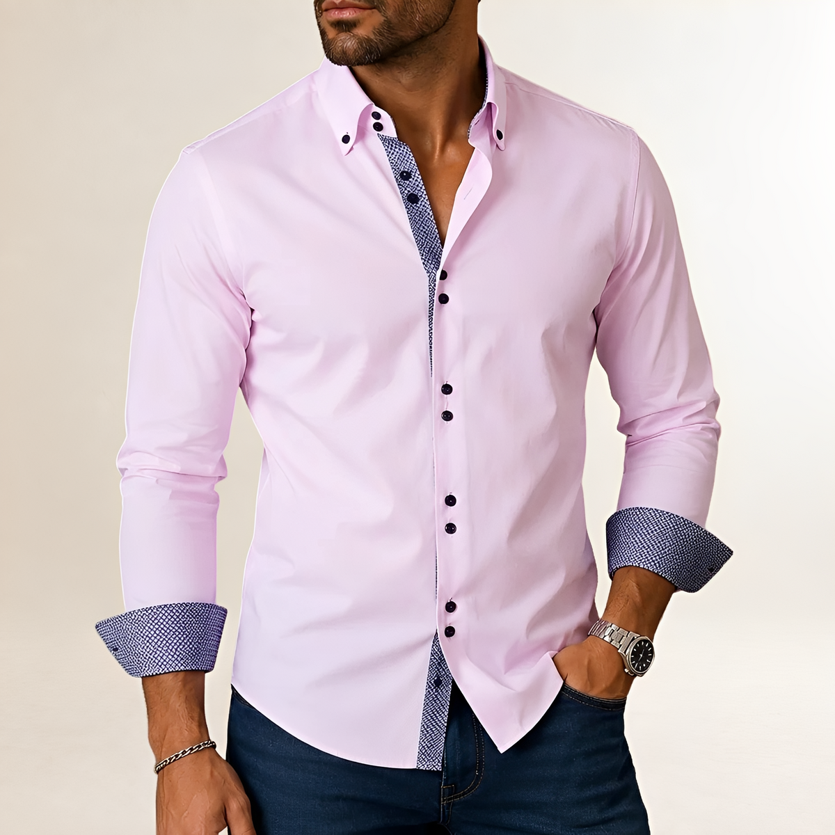 Chemise homme à manches longues coupe ajustée avec contraste et col structuré