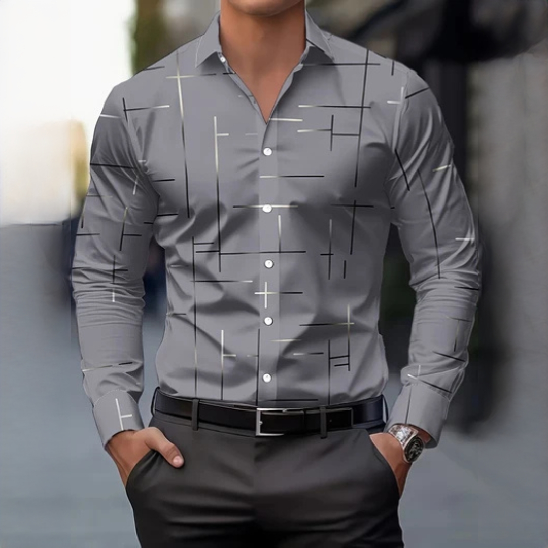 Chemise homme à manches longues à motif géométrique, col (pointe étroite) et fermeture boutonnée