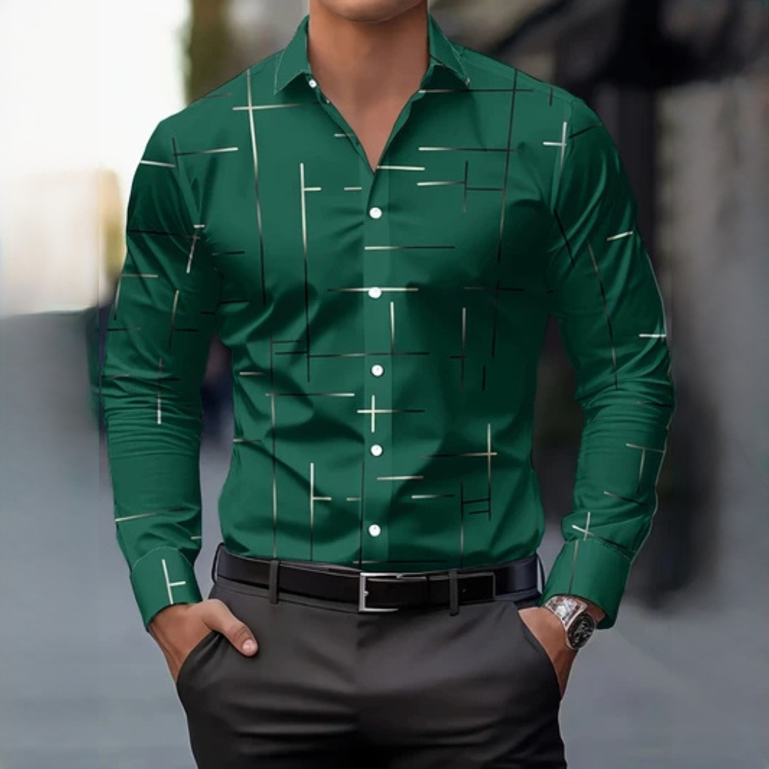 Chemise homme à manches longues à motif géométrique, col (pointe étroite) et fermeture boutonnée
