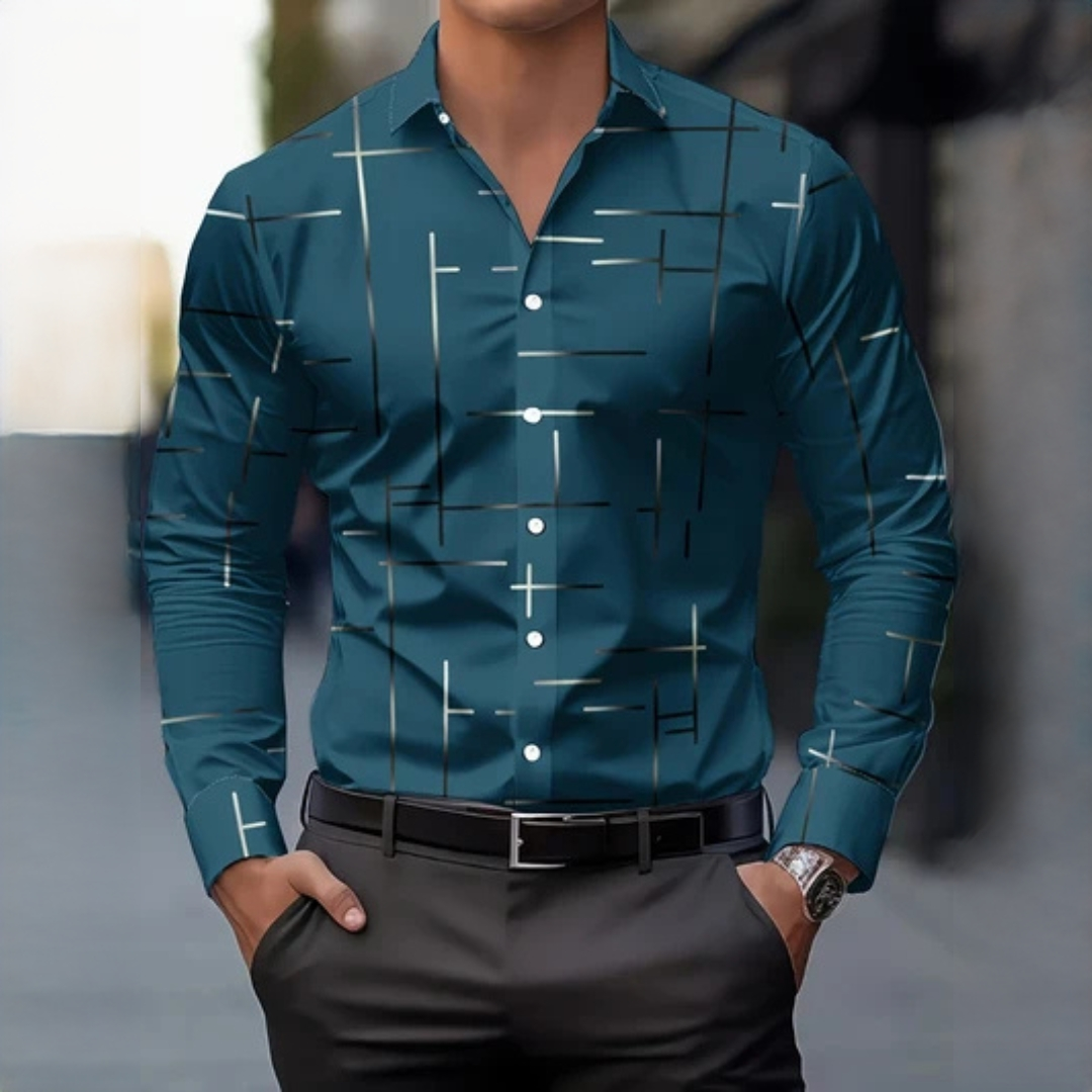 Chemise homme à manches longues à motif géométrique, col (pointe étroite) et fermeture boutonnée