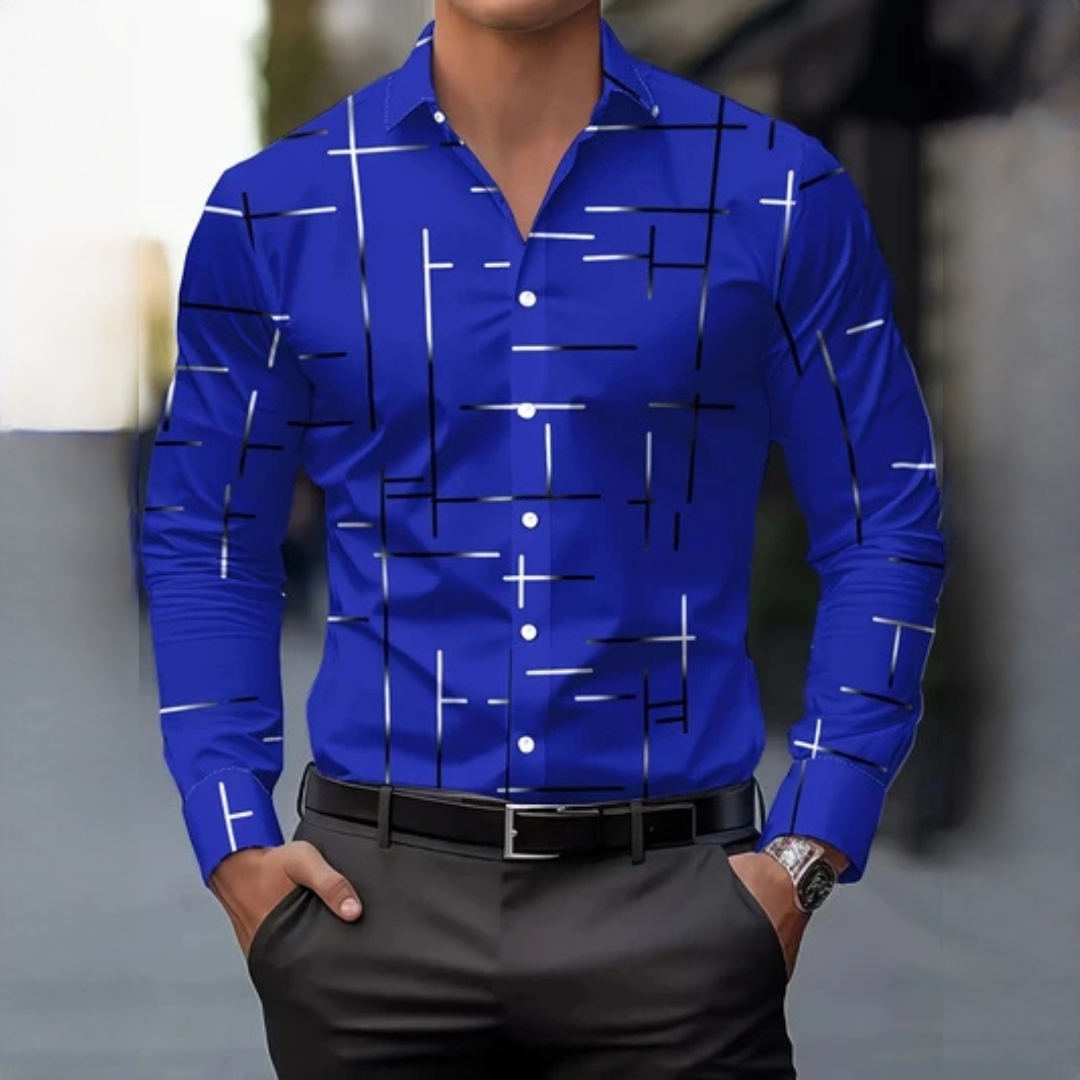 Chemise homme à manches longues à motif géométrique, col (pointe étroite) et fermeture boutonnée