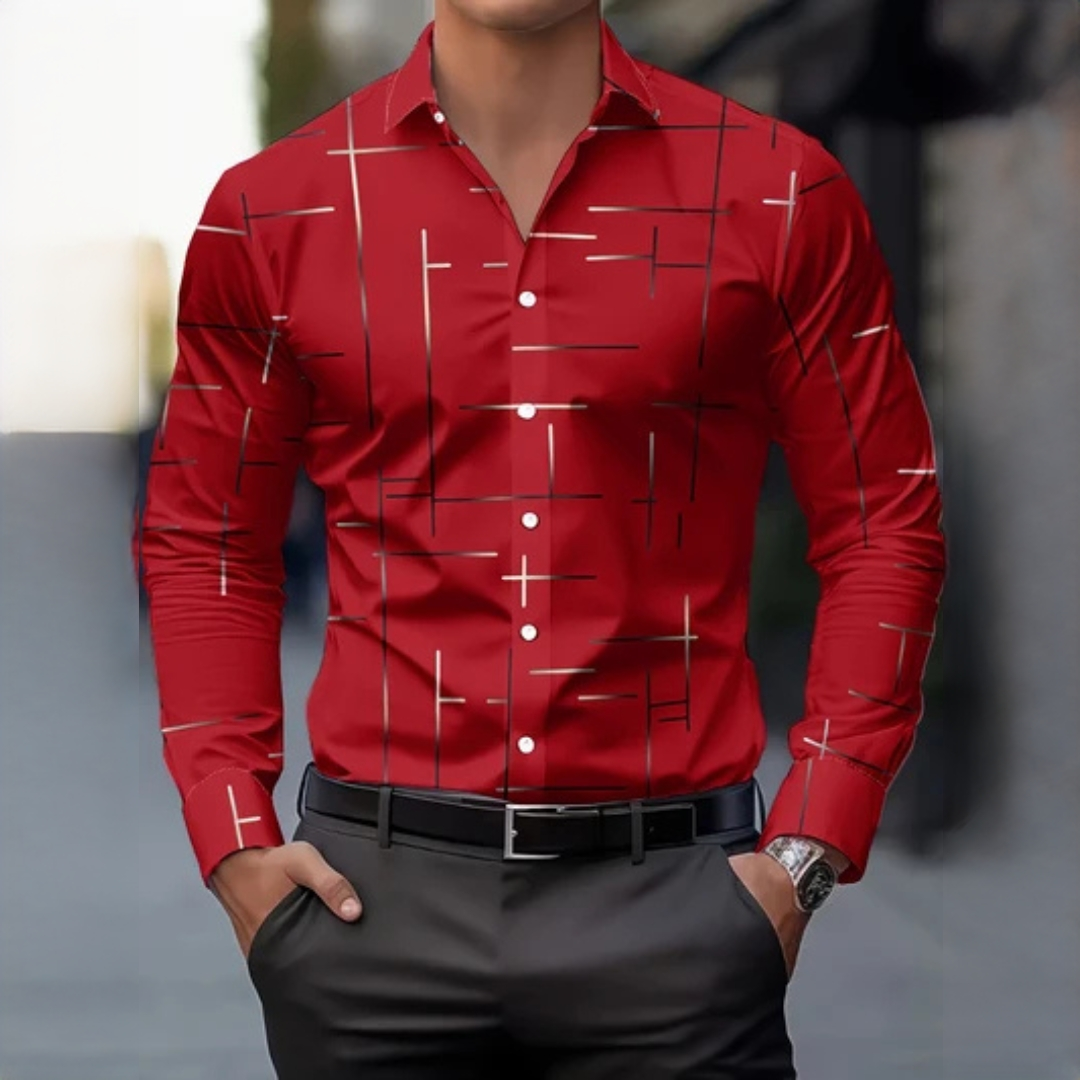 Chemise homme à manches longues à motif géométrique, col (pointe étroite) et fermeture boutonnée