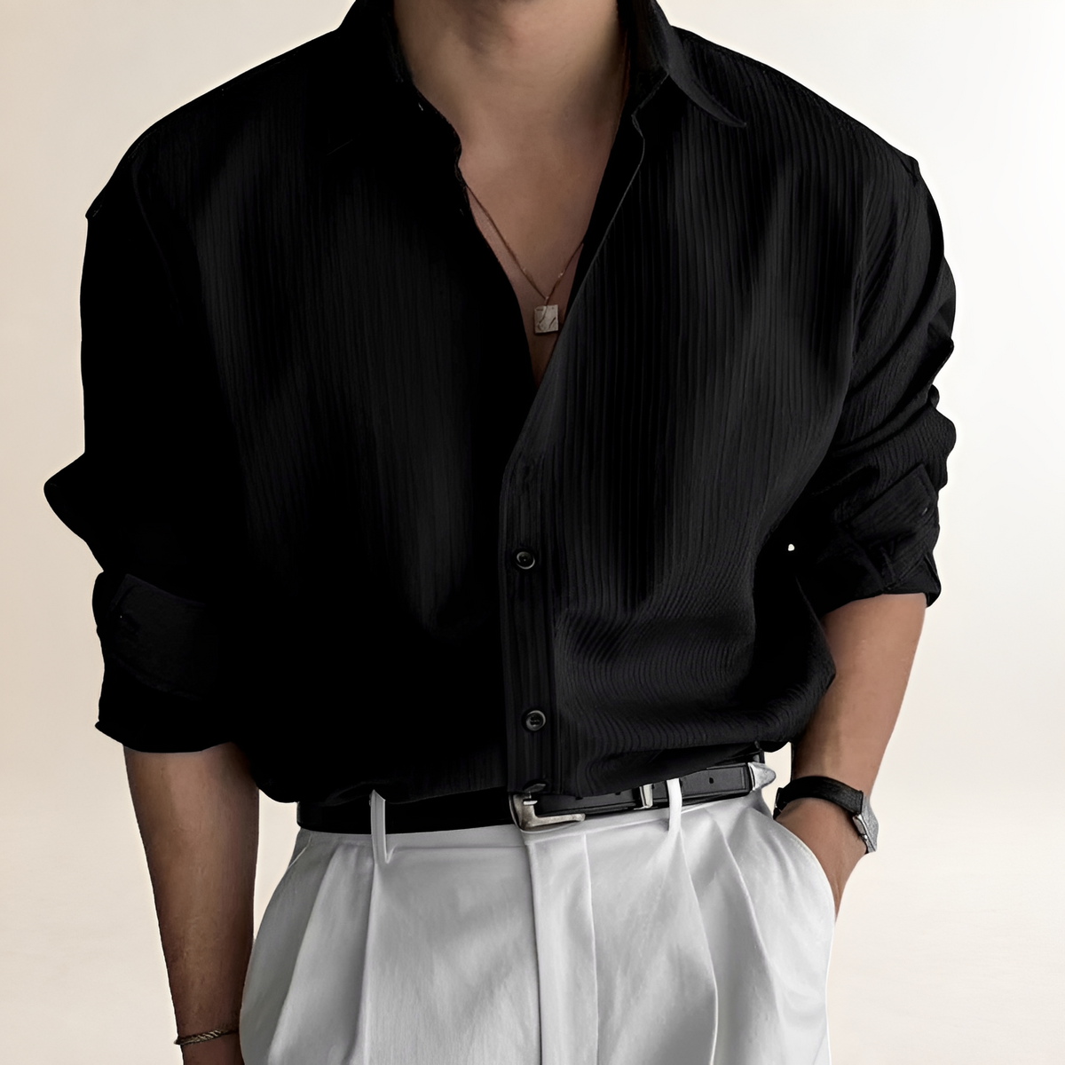 Chemise homme manches longues plissée coupe décontractée