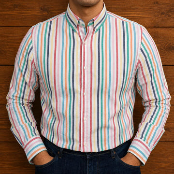 Chemise homme à rayures décontractée à boutons col pointu coupe régulière