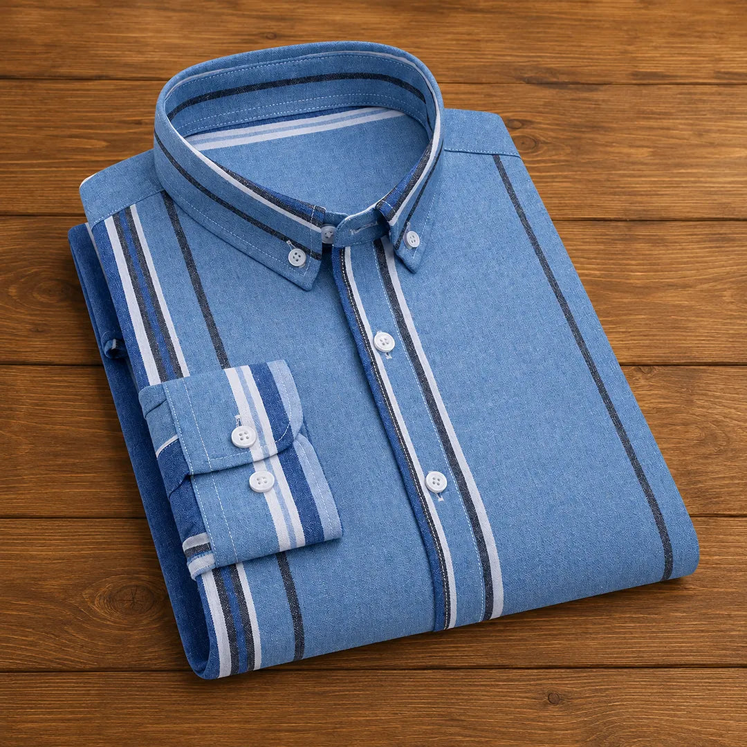 Chemise homme à rayures décontractée à boutons col pointu coupe régulière