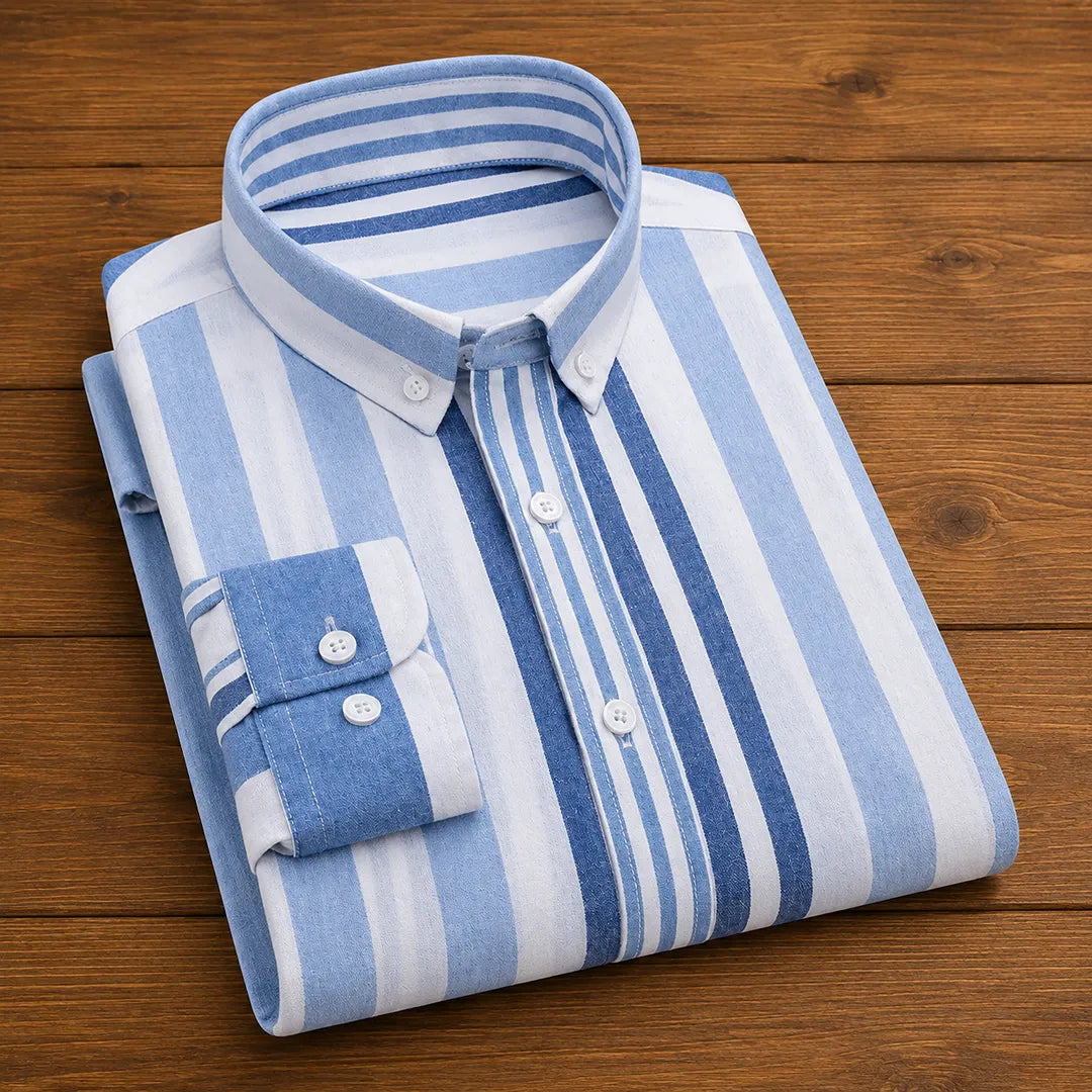 Chemise homme à rayures décontractée à boutons col pointu coupe régulière