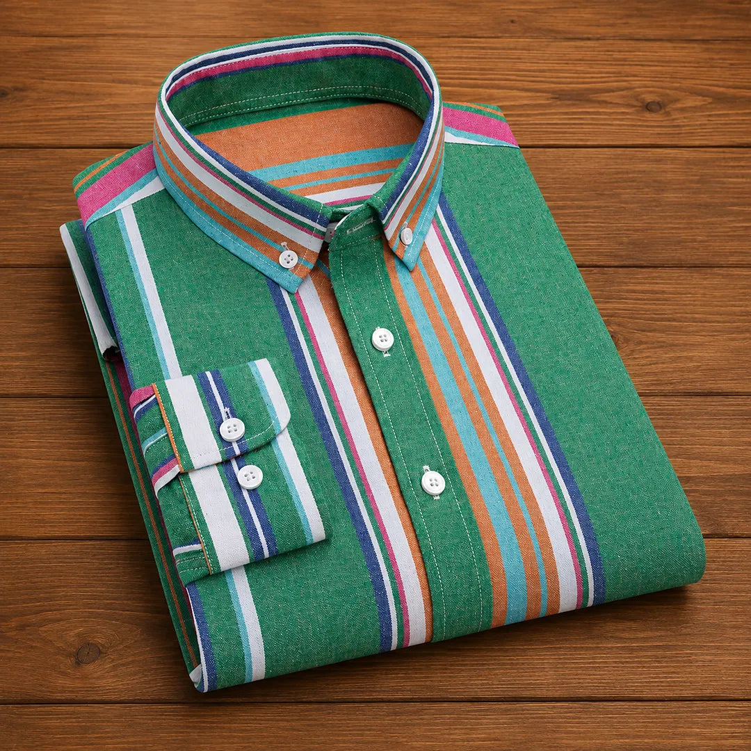 Chemise homme à rayures décontractée à boutons col pointu coupe régulière