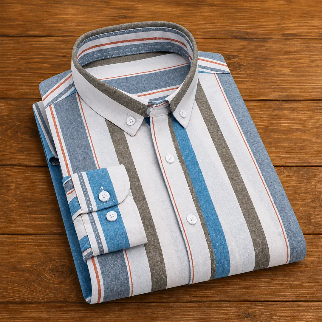 Chemise homme à rayures décontractée à boutons col pointu coupe régulière