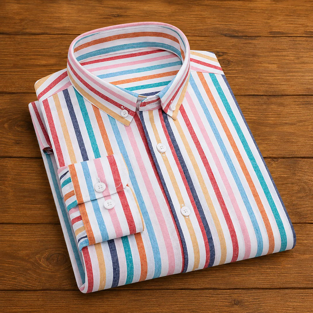 Chemise homme à rayures décontractée à boutons col pointu coupe régulière