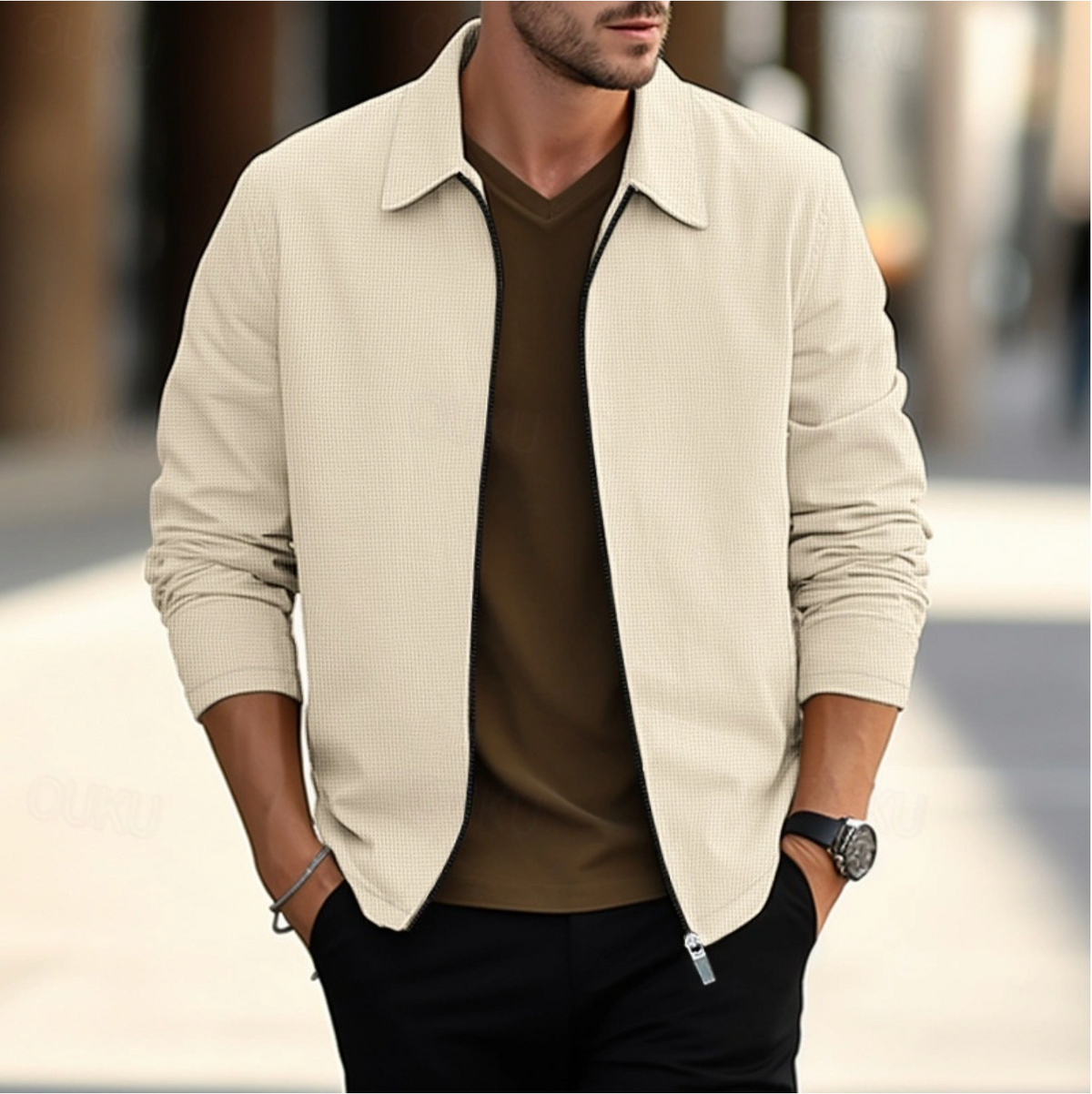 Chemise à manches longues pour homme à col classique et fermeture éclair ajustée