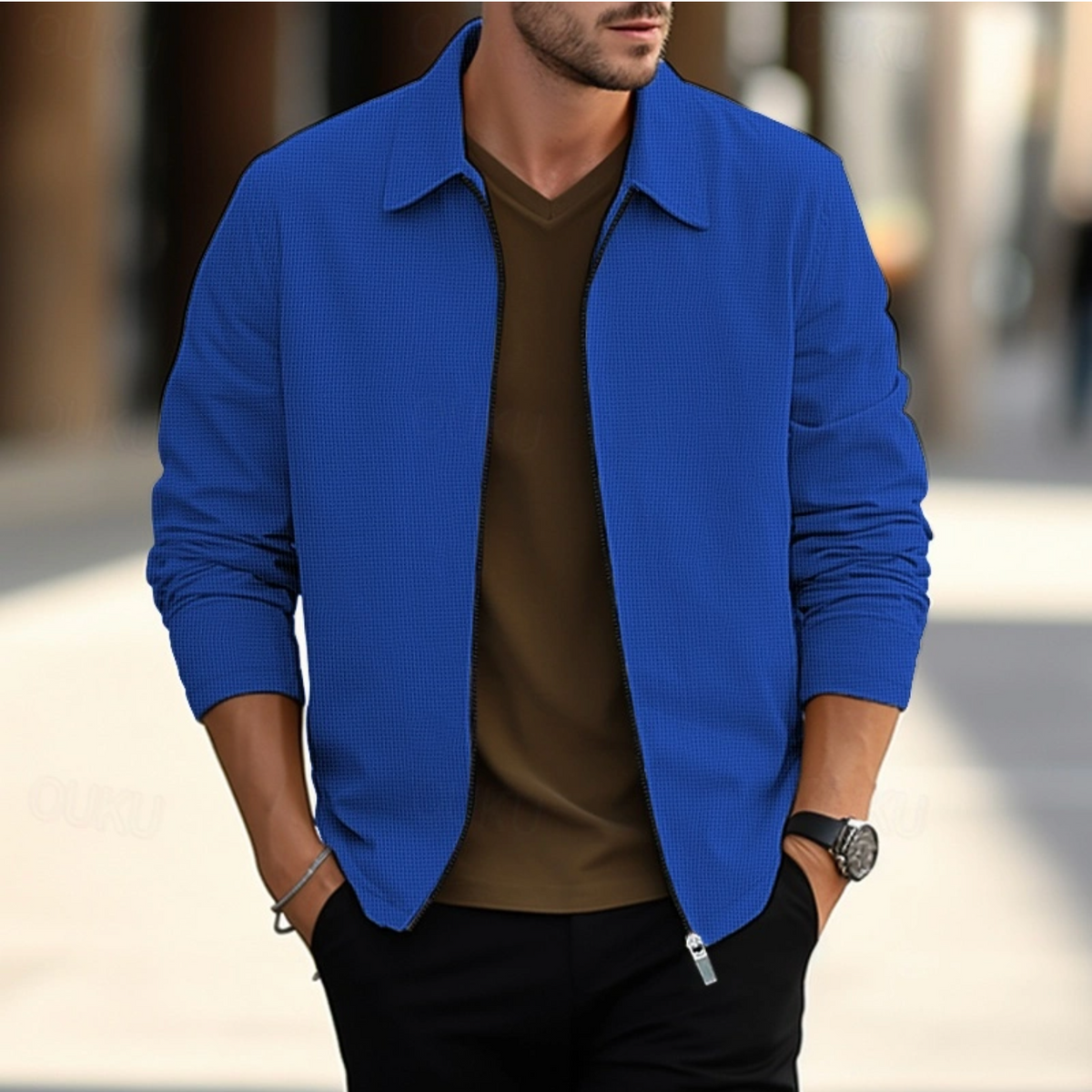 Chemise à manches longues pour homme à col classique et fermeture éclair ajustée
