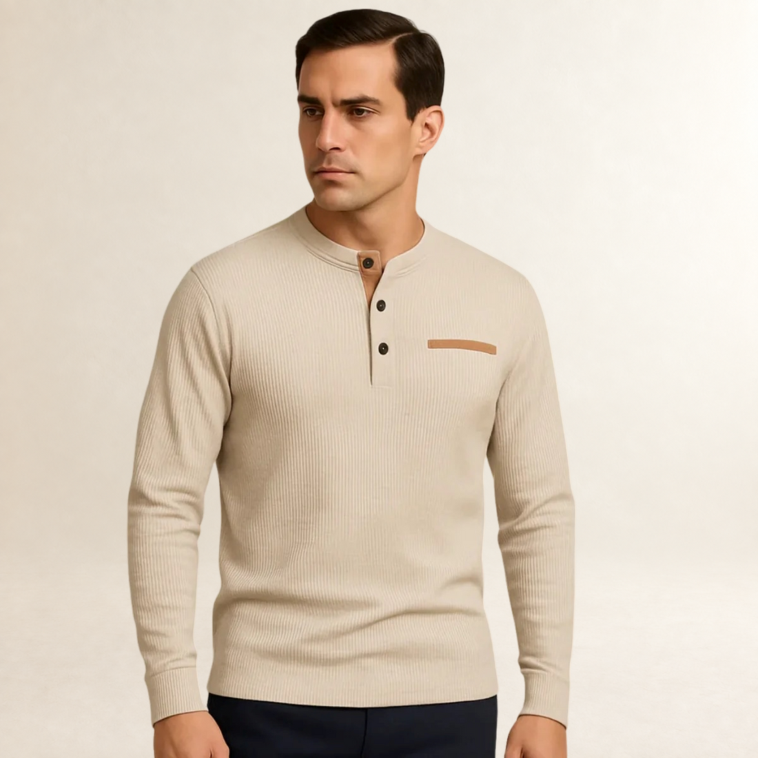 Chemise à manches longues pour homme à col rond et patte de boutonnage