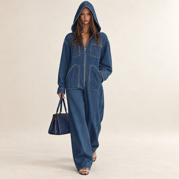 Combinaison femme à capuche zip devant poches coupe ample jambes larges