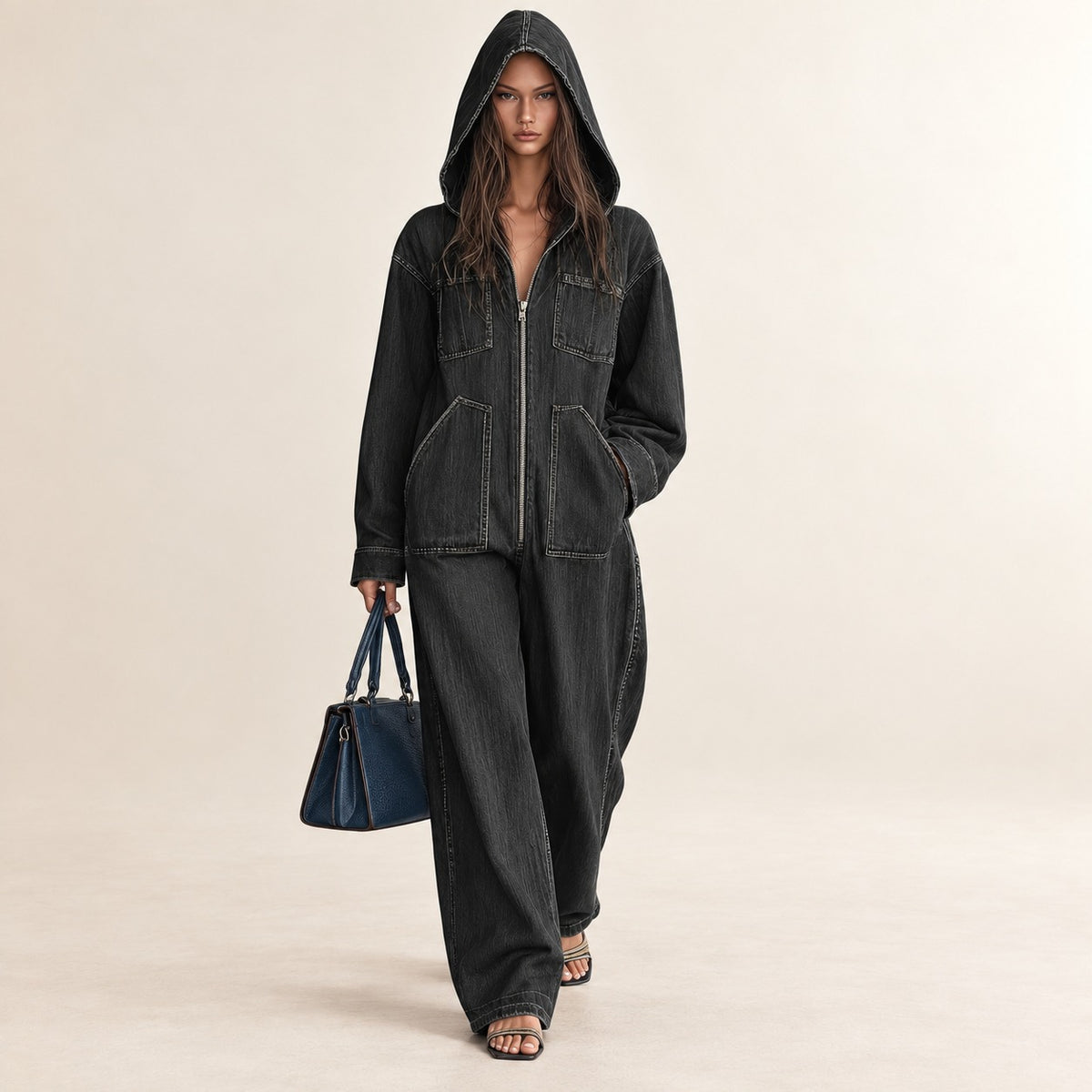Combinaison femme à capuche zip devant poches coupe ample jambes larges