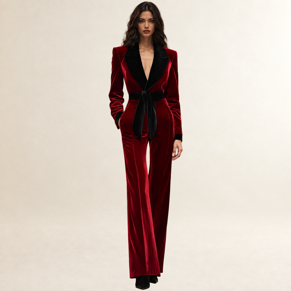 Combinaison femme à col revers ceinturée coupe large