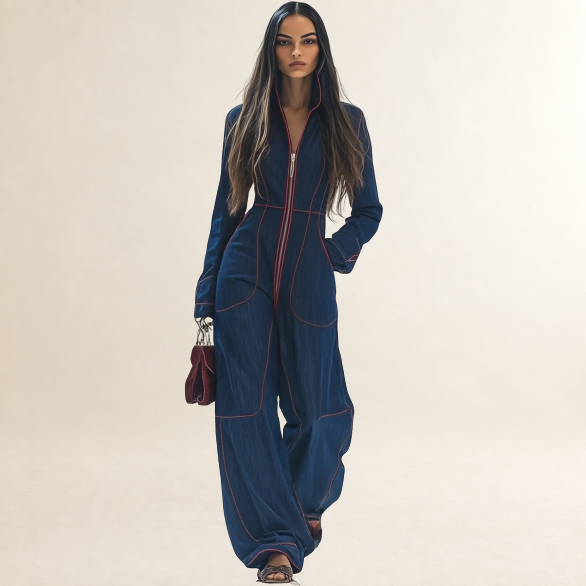 Combinaison femme à zip devant coupe large manches longues détails de surpiqûres rouges