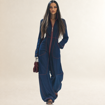 Combinaison femme à zip devant coupe large manches longues détails de surpiqûres rouges