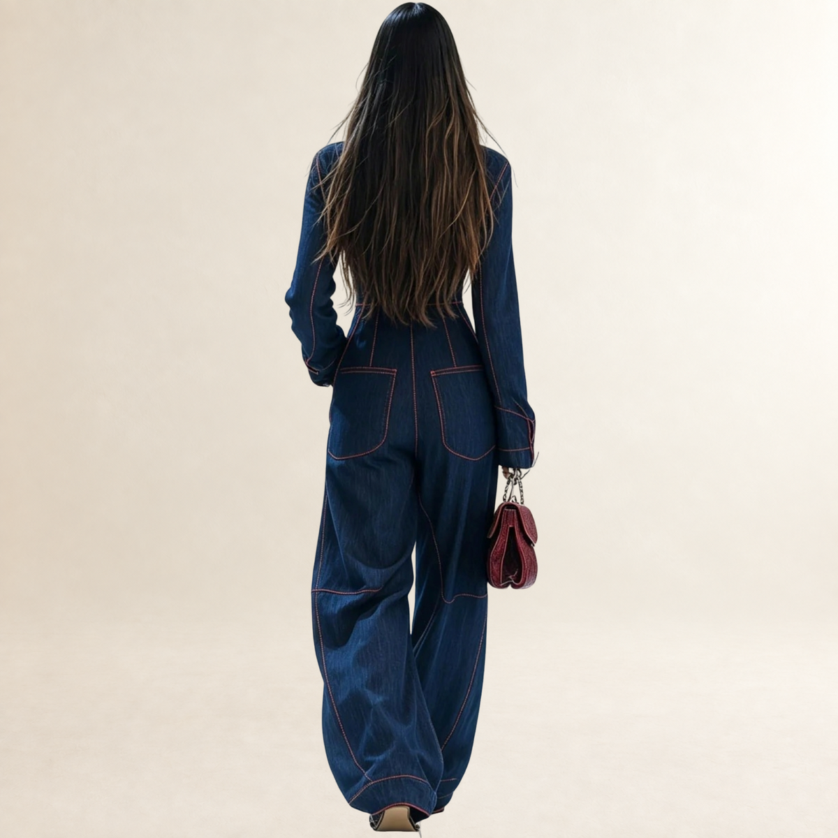 Combinaison femme à zip devant coupe large manches longues détails de surpiqûres rouges