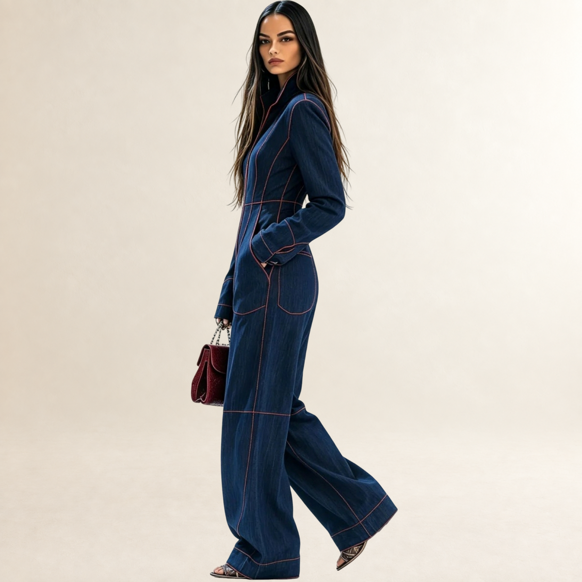 Combinaison femme à zip devant coupe large manches longues détails de surpiqûres rouges