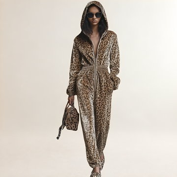 Combinaison pour femmes motif léopard zip capuche coupe ample