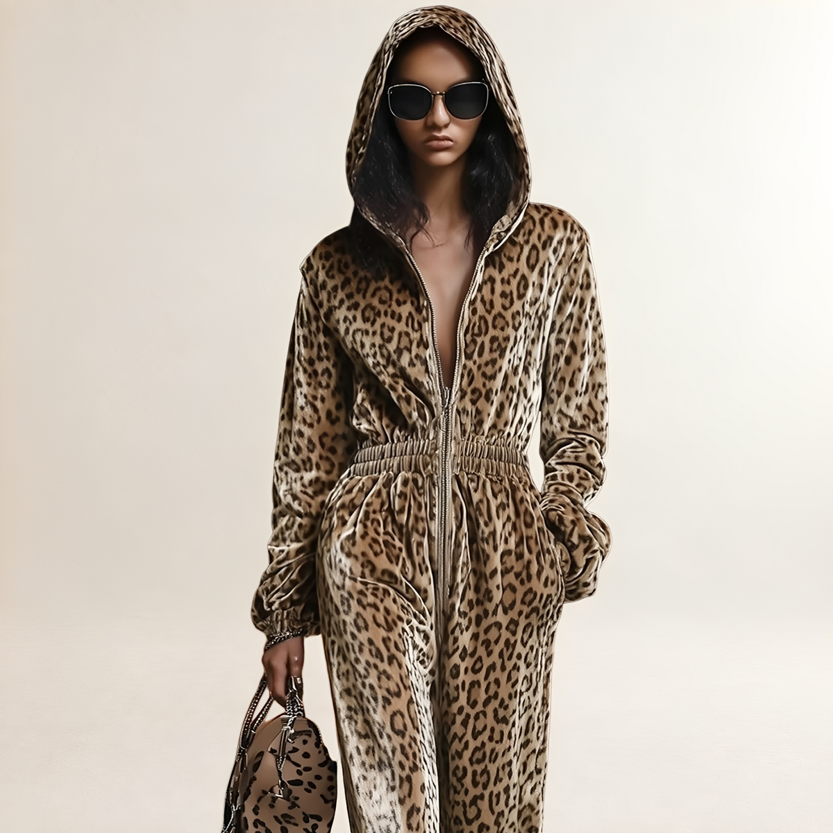 Combinaison pour femmes motif léopard zip capuche coupe ample