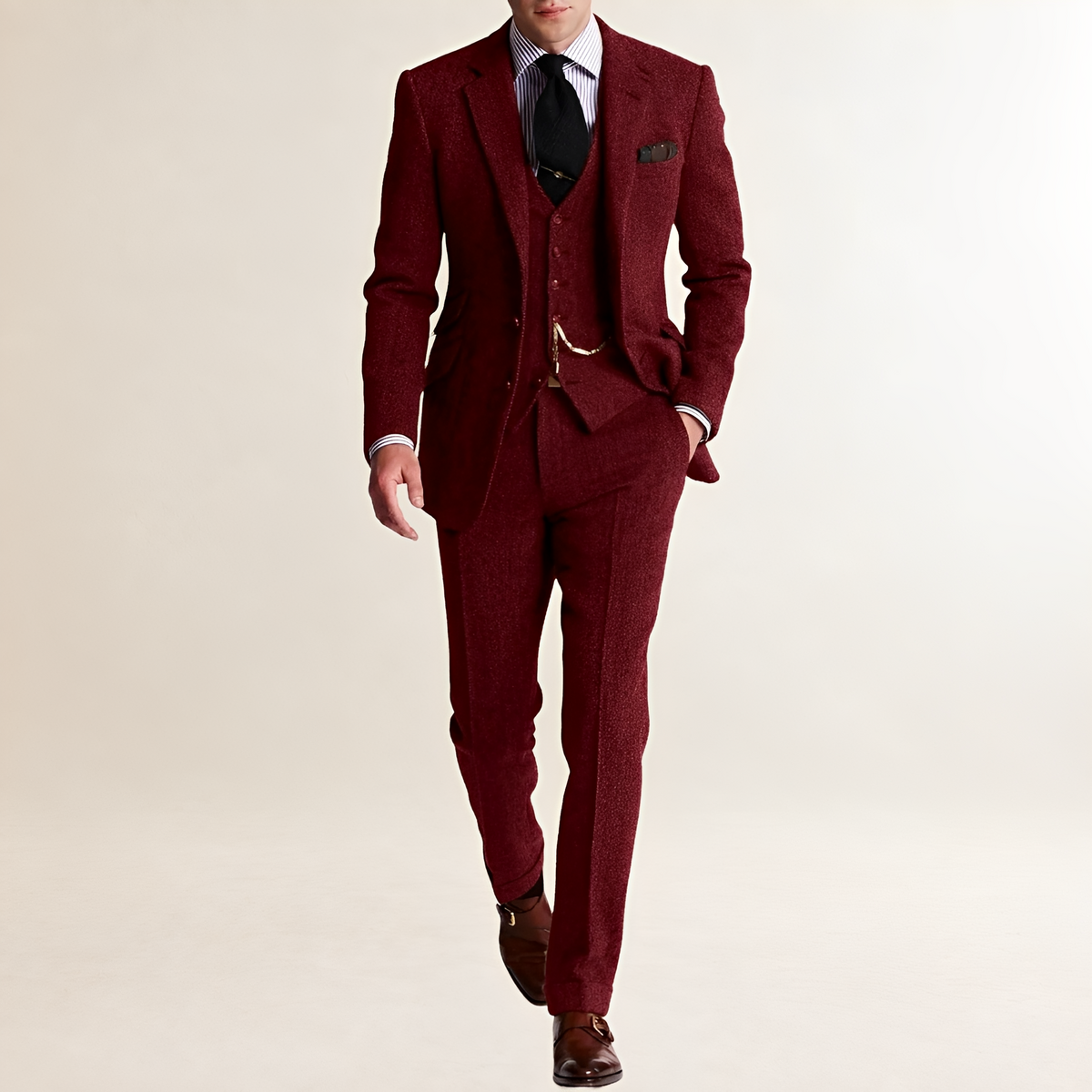 Costume trois pièces homme blazer, gilet et pantalon coupe ajustée