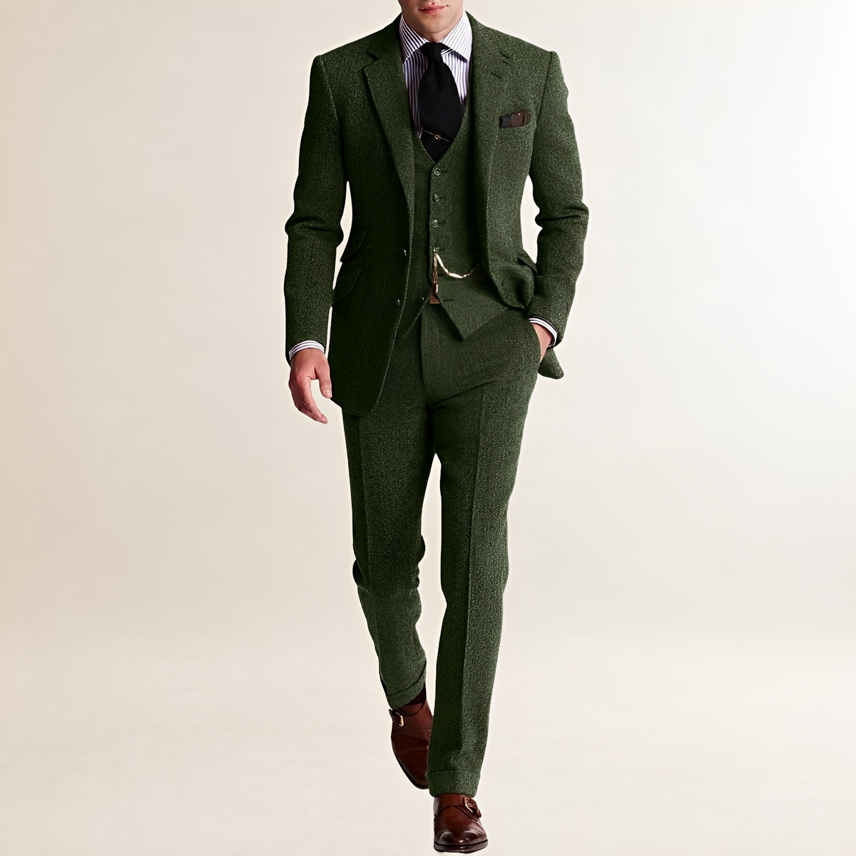 Costume trois pièces homme blazer, gilet et pantalon coupe ajustée
