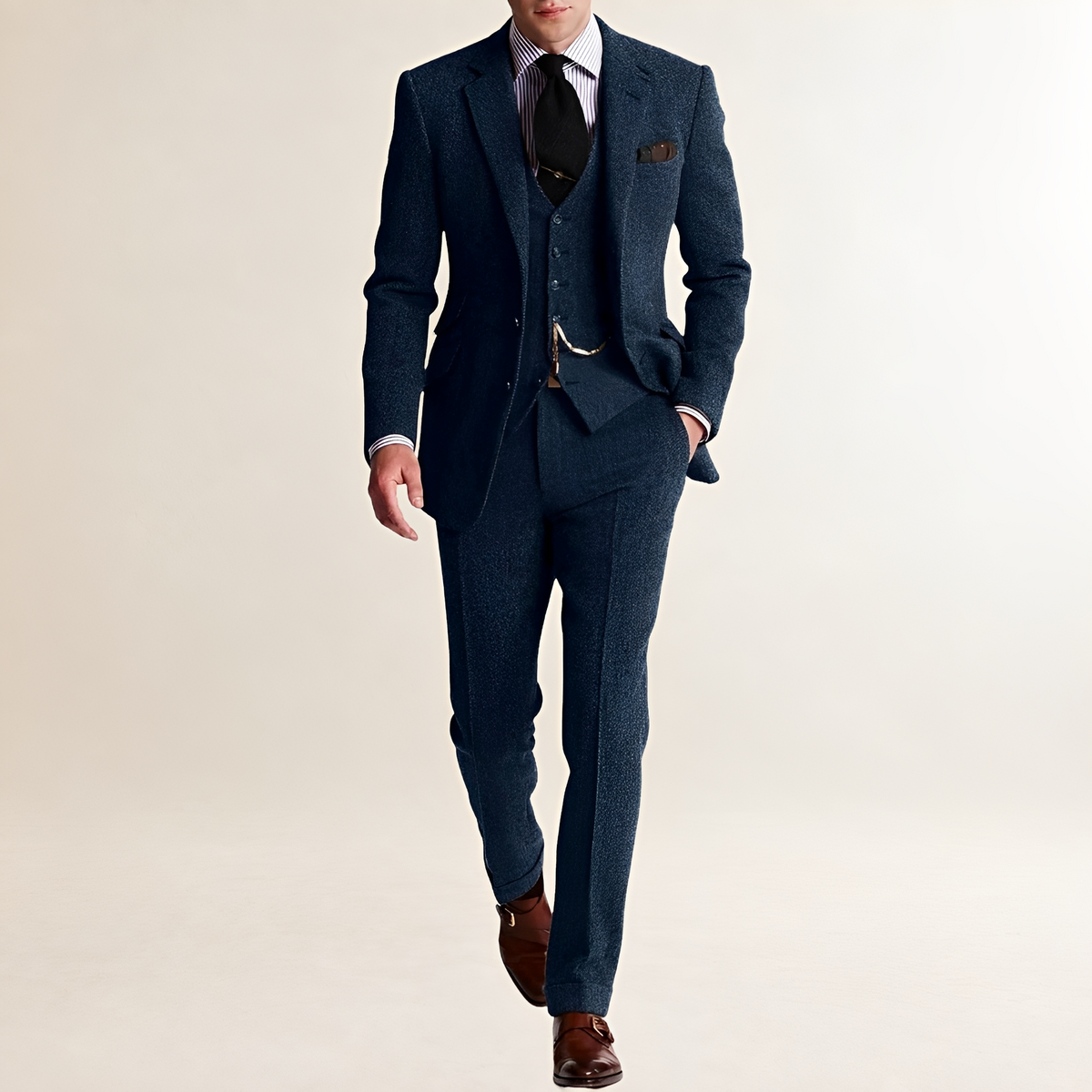 Costume trois pièces homme blazer, gilet et pantalon coupe ajustée