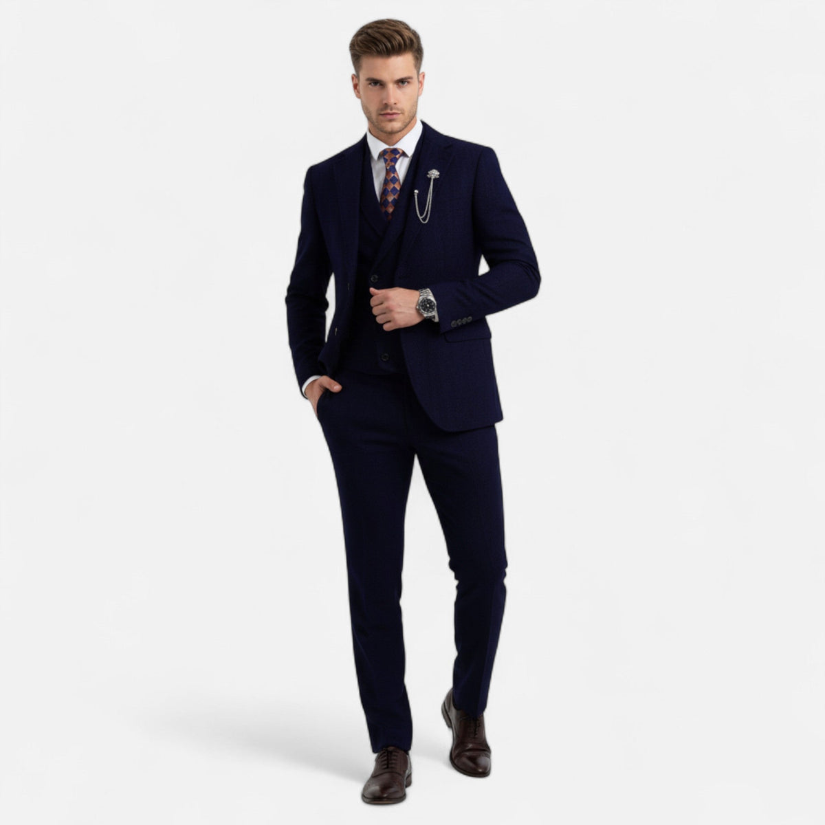 Costume trois pièces homme coupe ajustée avec motif à chevrons et double boutonnage