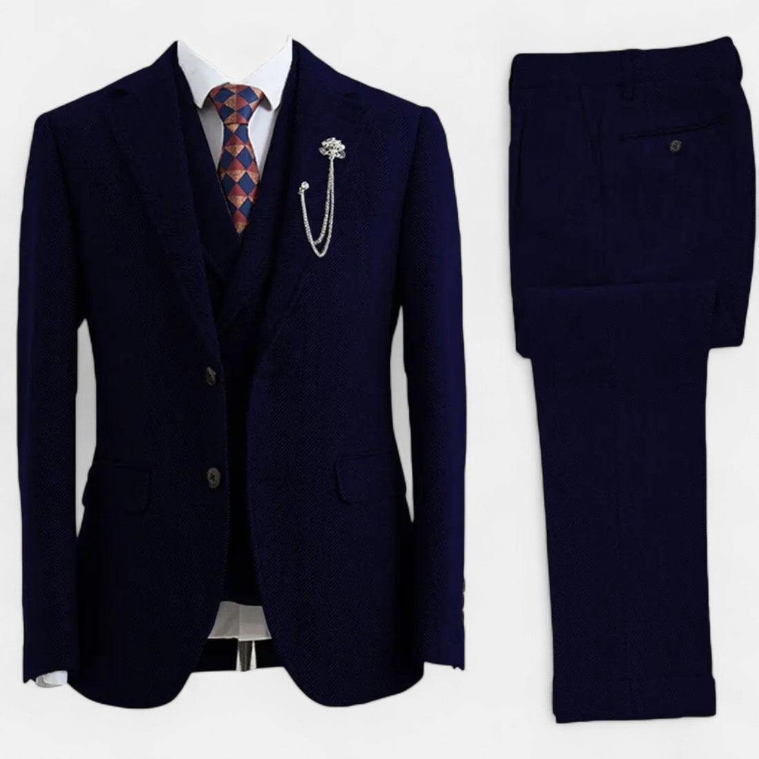 Costume trois pièces homme coupe ajustée avec motif à chevrons et double boutonnage