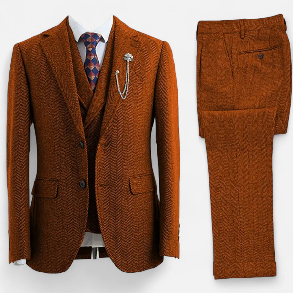 Costume trois pièces homme coupe ajustée avec motif à chevrons et double boutonnage