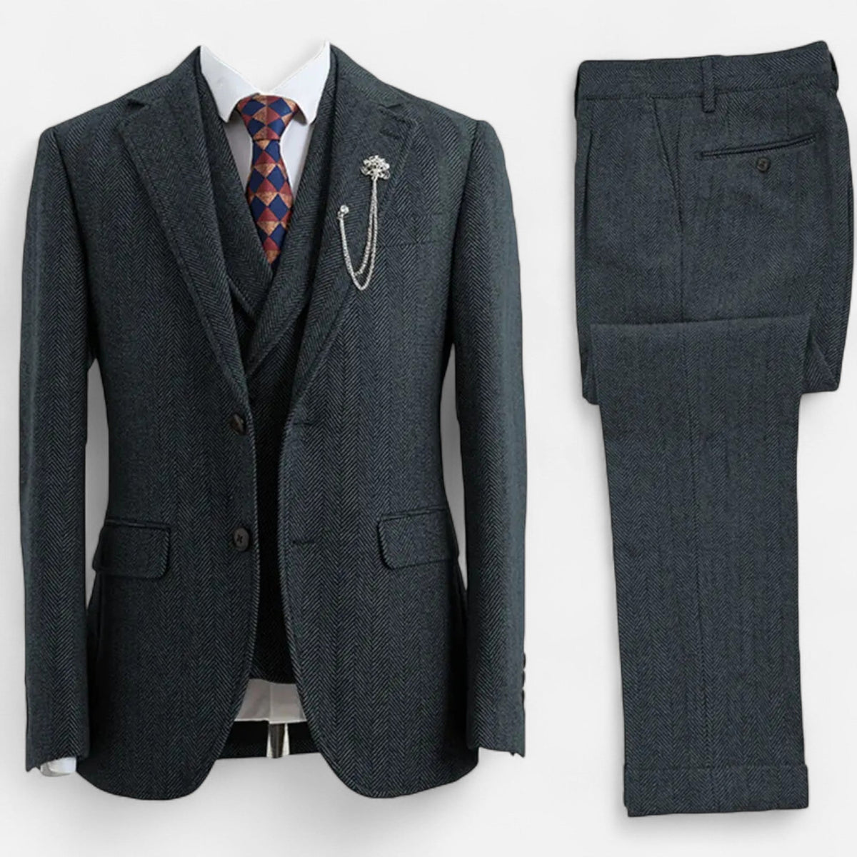 Costume trois pièces homme coupe ajustée avec motif à chevrons et double boutonnage