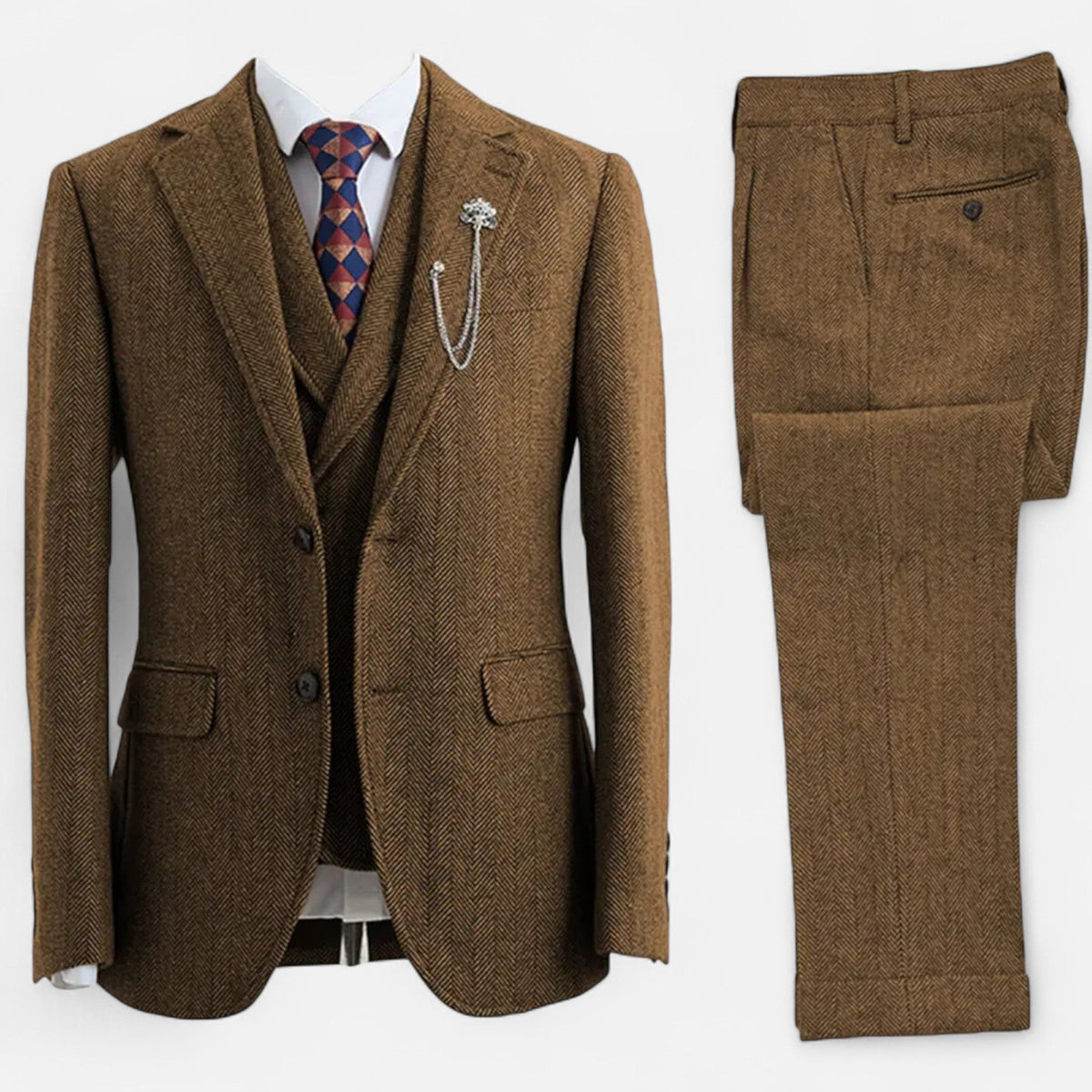 Costume trois pièces homme coupe ajustée avec motif à chevrons et double boutonnage