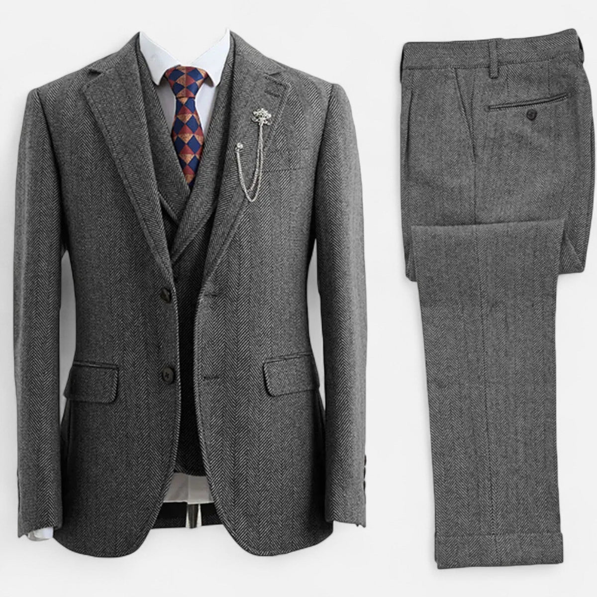 Costume trois pièces homme coupe ajustée avec motif à chevrons et double boutonnage