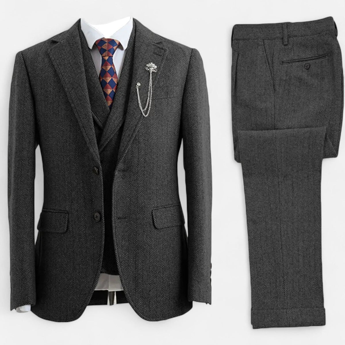 Costume trois pièces homme coupe ajustée avec motif à chevrons et double boutonnage