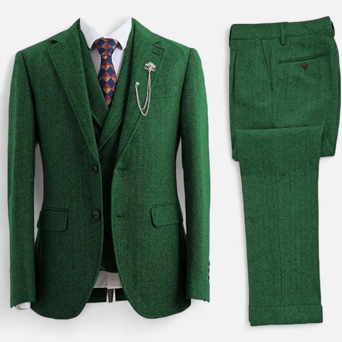 Costume trois pièces homme coupe ajustée avec motif à chevrons et double boutonnage