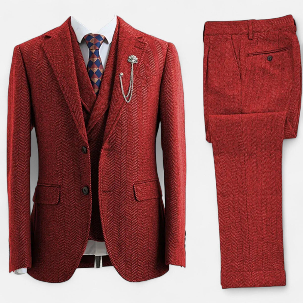 Costume trois pièces homme coupe ajustée avec motif à chevrons et double boutonnage
