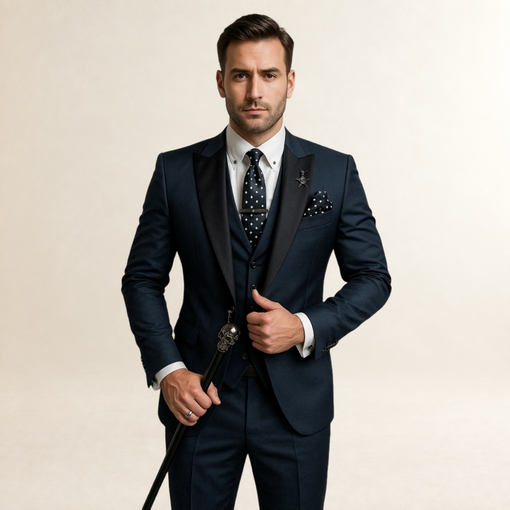 Costume trois pièces homme coupe slim avec revers pointus et gilet assorti