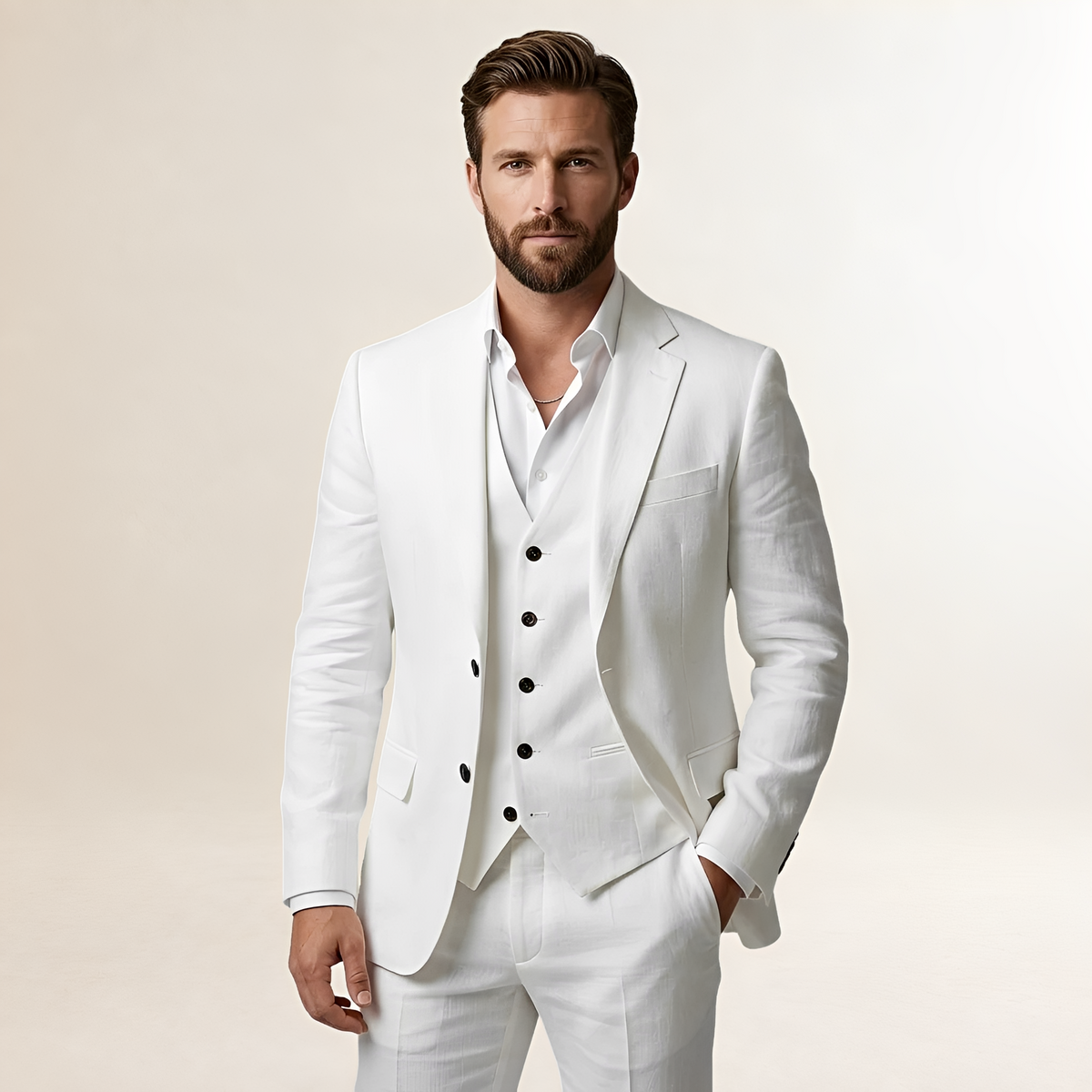 Costume trois pièces pour homme veste pantalon et gilet à revers crantés et fermeture bouton