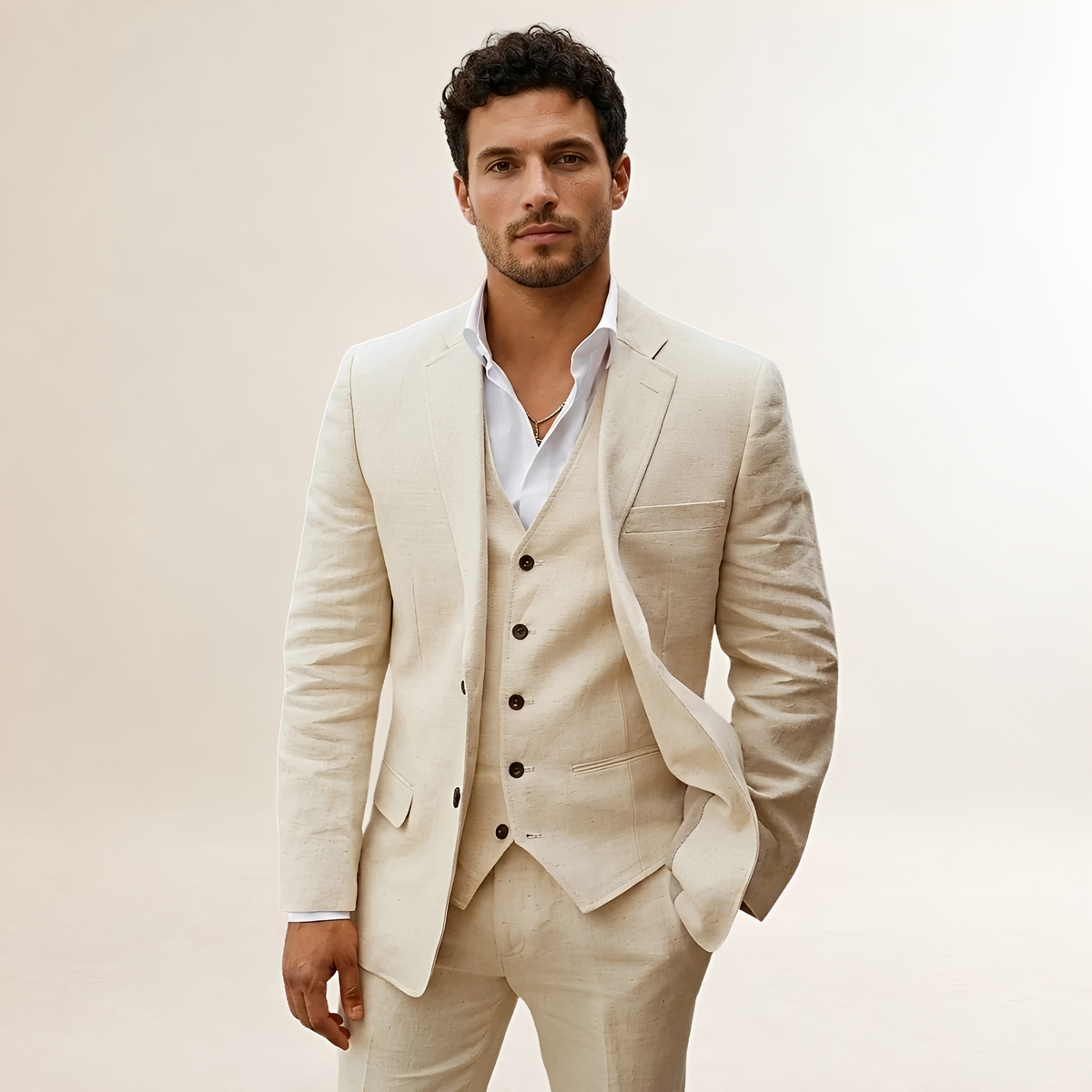 Costume trois pièces pour homme veste pantalon et gilet à revers crantés et fermeture bouton