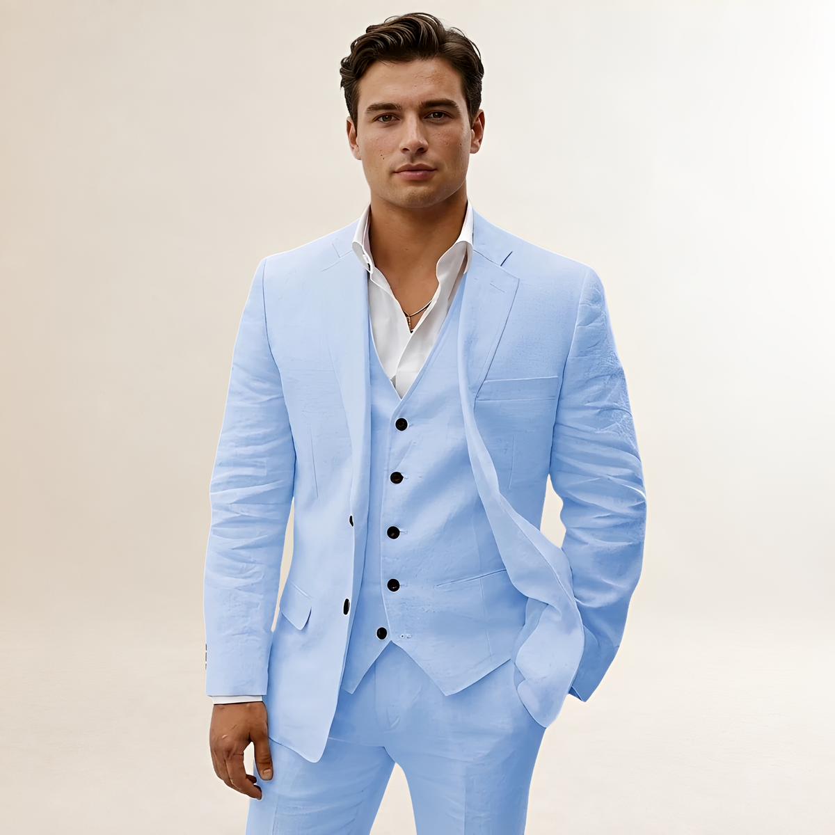 Costume trois pièces pour homme veste pantalon et gilet à revers crantés et fermeture bouton