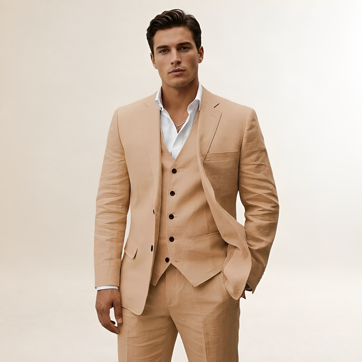 Costume trois pièces pour homme veste pantalon et gilet à revers crantés et fermeture bouton
