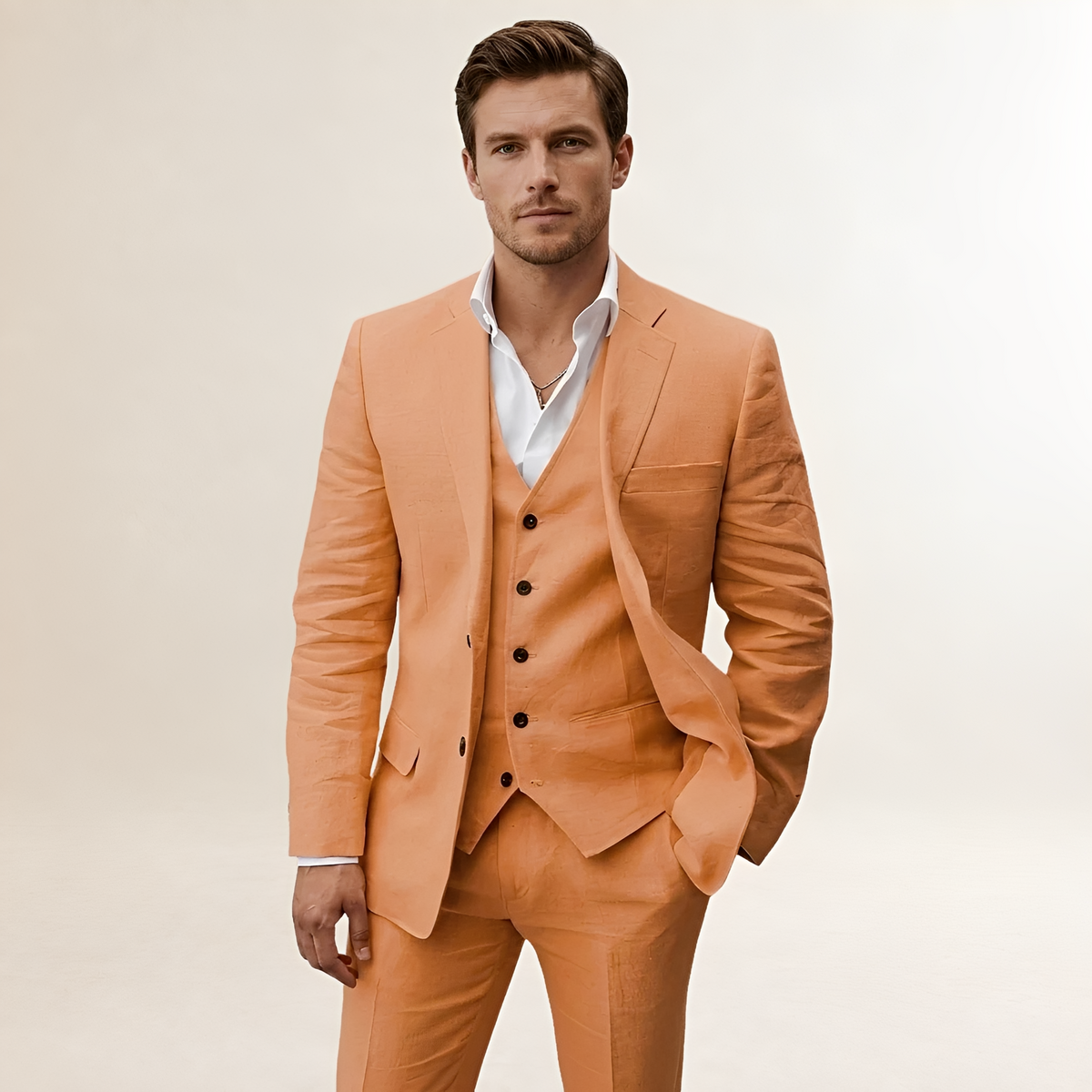Costume trois pièces pour homme veste pantalon et gilet à revers crantés et fermeture bouton