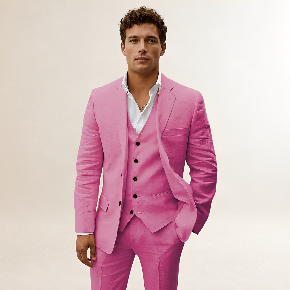 Costume trois pièces pour homme veste pantalon et gilet à revers crantés et fermeture bouton